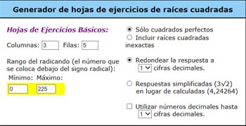 Hojas de ejercicios de raíces cuadradas