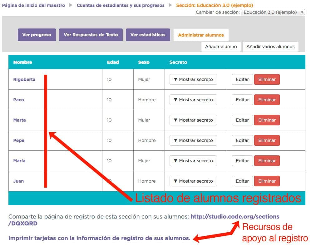 Code.org alumnos registrados