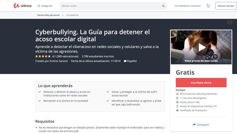 Udemy cuenta con cursos sobre acoso escolar y ciberbullying online