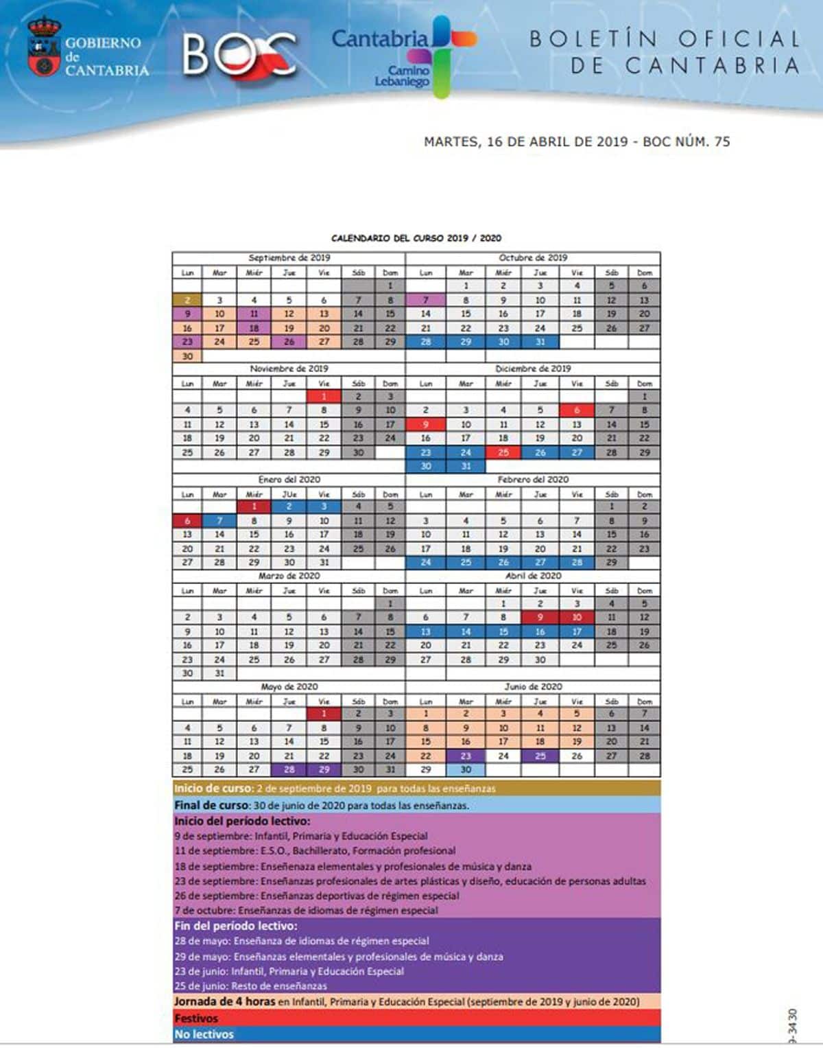 Calendario escolar Cantabria