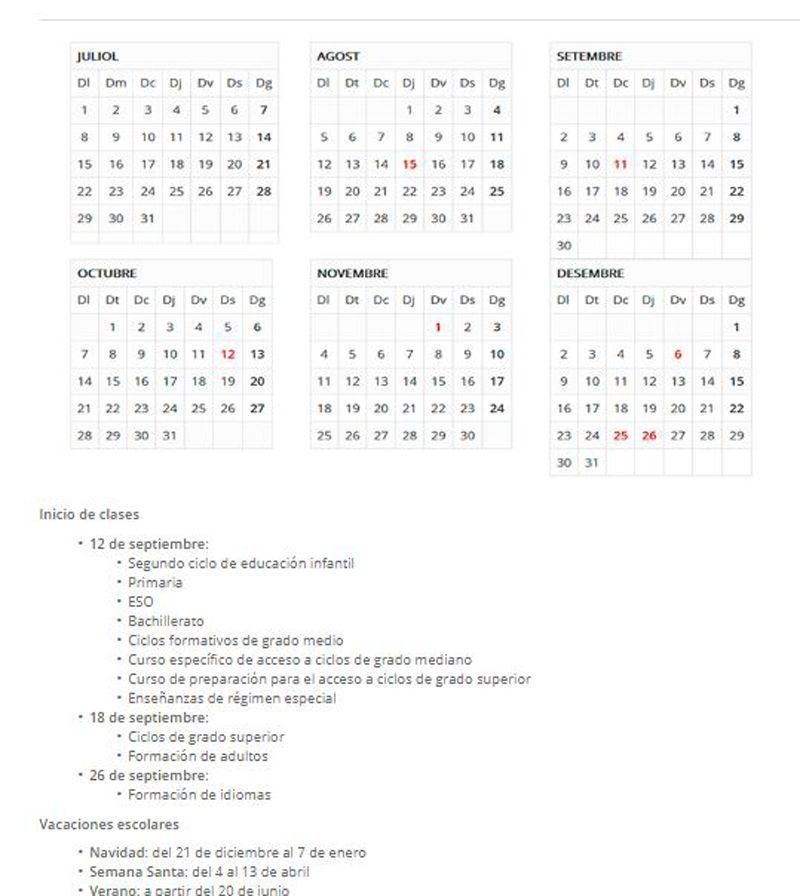 Calendario Escolar Cataluña