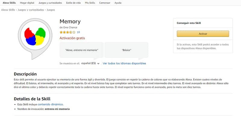 Memory (skills de Alexa para trabajar la memoria)