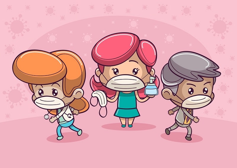 Ilustración de niños con mascarilla y gel desinfectante 