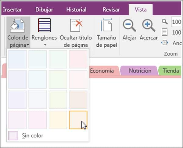 cambiar color página OneNote