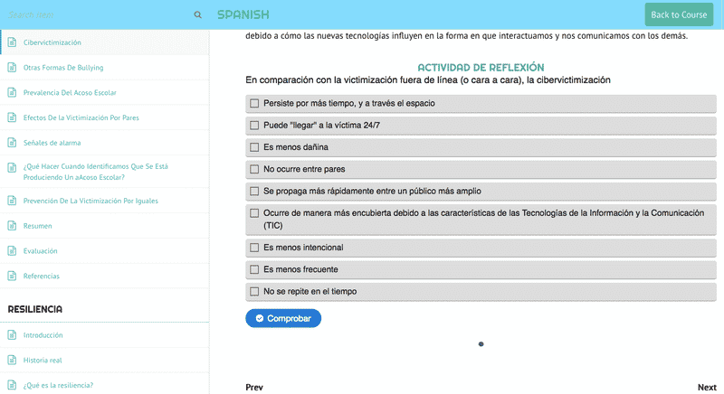 Actividad de reflexión en el curso del proyecto SAVE victimización infantil 