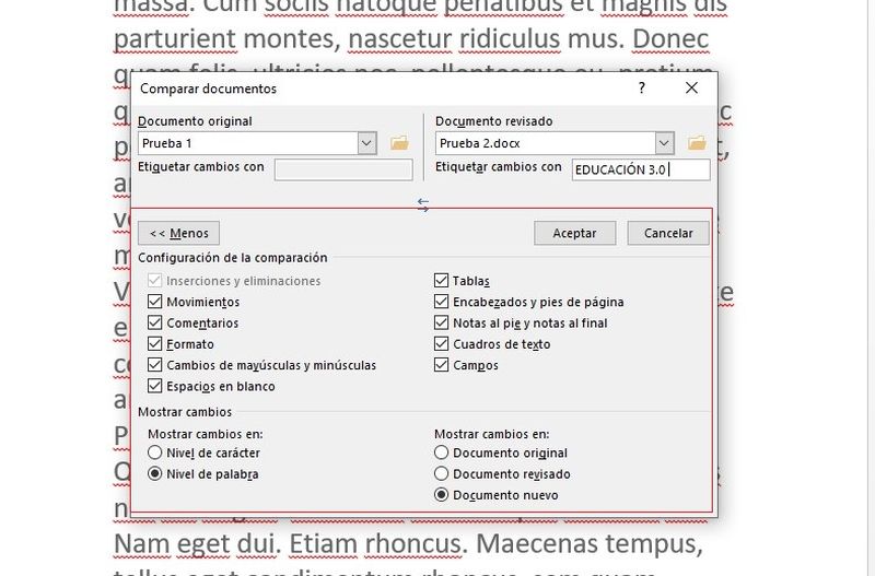 Opciones de edición para comparar y combinar documentos en Microsoft Word