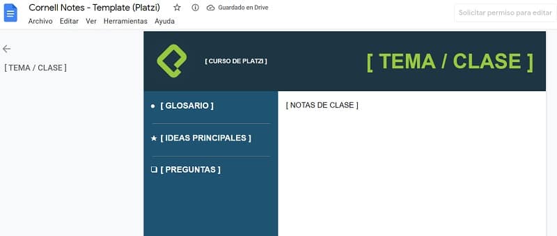 Plantilla para Google Cornell Notes 