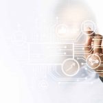 businessman pointing at his presentation on the futuristic digital screen