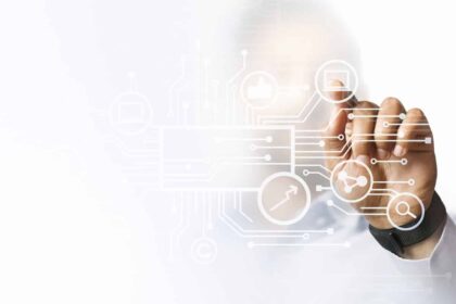 businessman pointing at his presentation on the futuristic digital screen