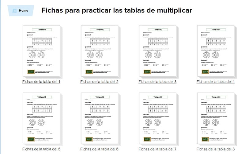 Fichas para practicar las tablas de multiplicar 