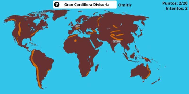 Mapa de World Geography Games para repasar los sistemas montañosos del mundo.