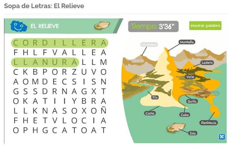 Sopa de letras para repasar el relieve de Happy Learning.