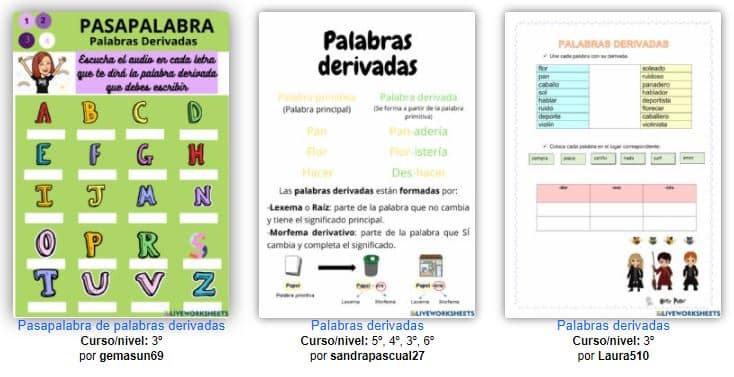 Ejercicios de palabras derivadas online o para imprimir