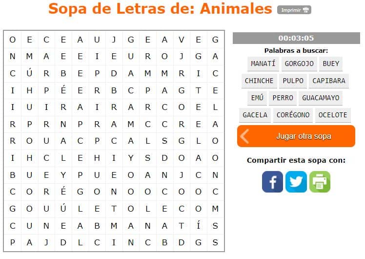 Sopa de letras de animales