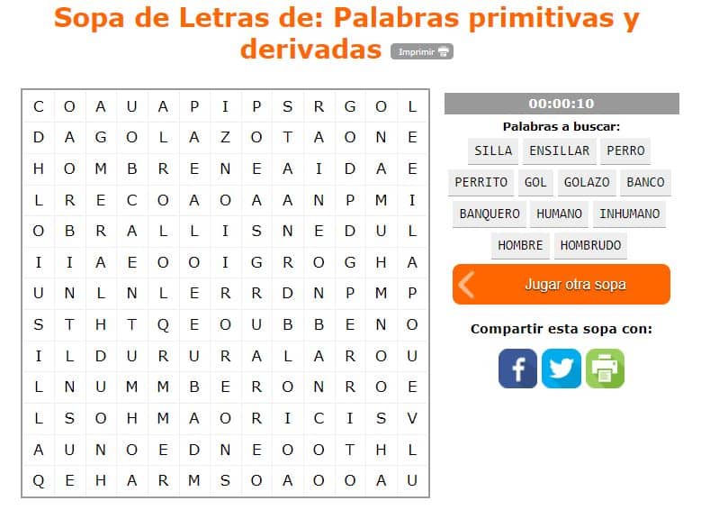 Sopa De Letras De Palabras Primitivas Y Derivadas