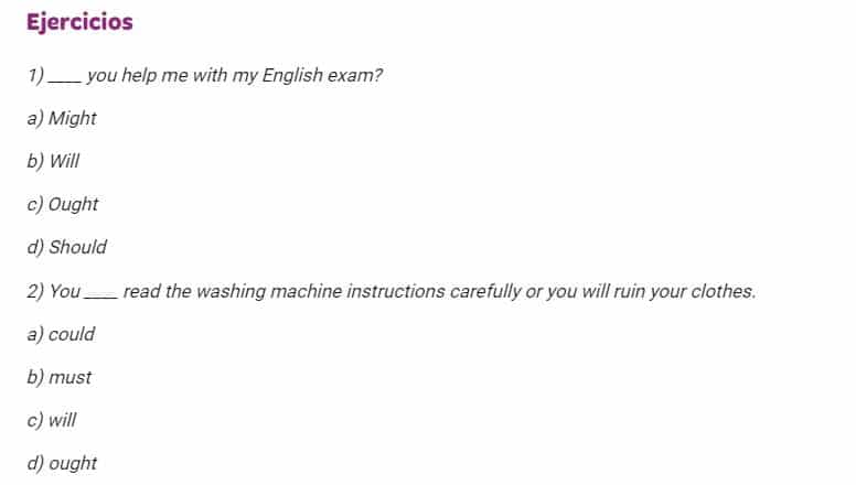 Ejercicios de modal verbs para aprender inglés