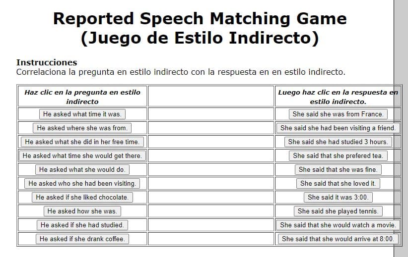 Reported speech matching game