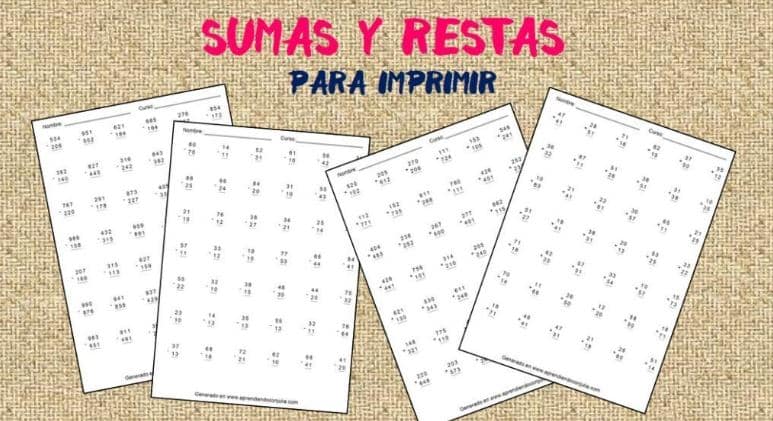 Veinte fichas de sumas y restas para imprimir