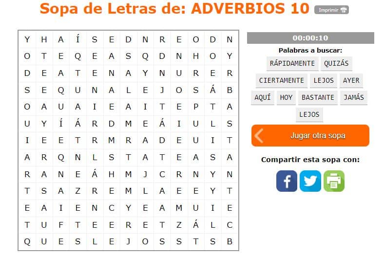 Sopa de letras de adverbios