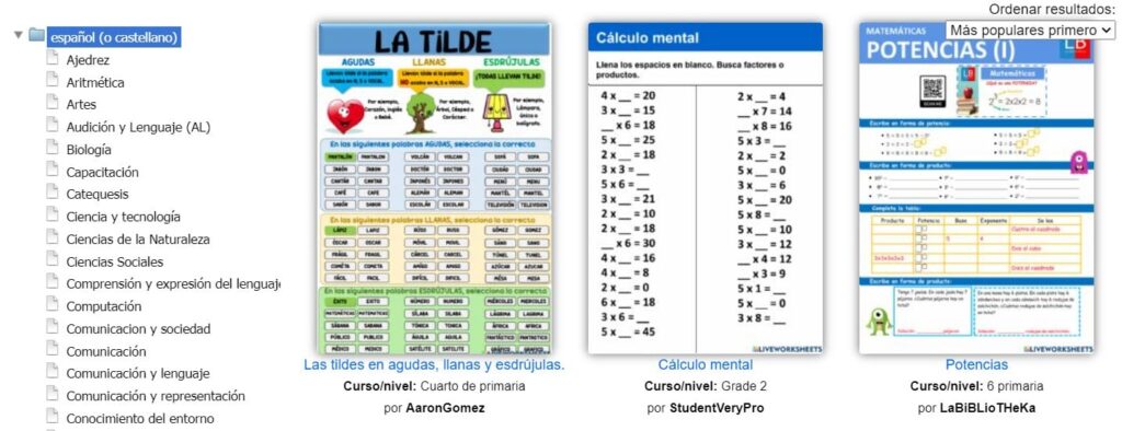 Menú Liveworksheet