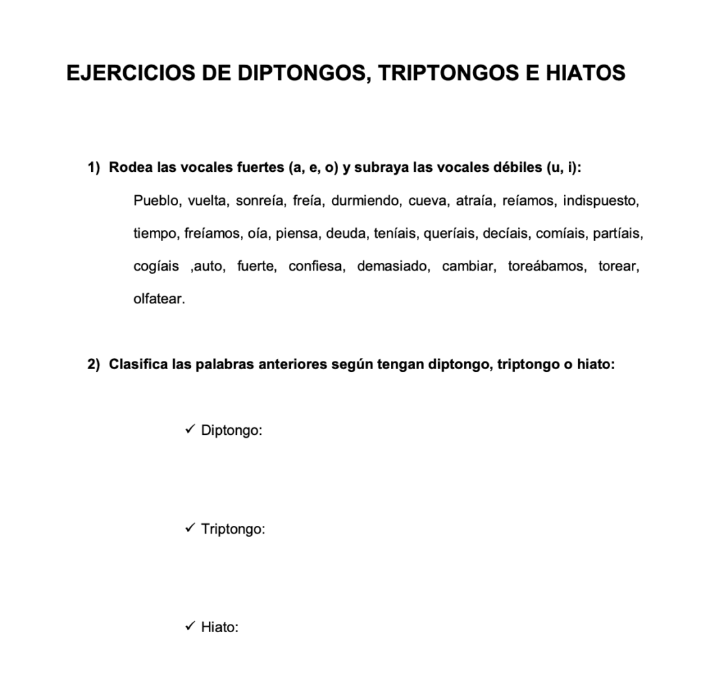 Ejercicios de diptongos, triptongos e hiatos 