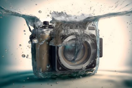 camara fotografica slr moderna que cae agua salpicaduras agua arte generado red neuronal