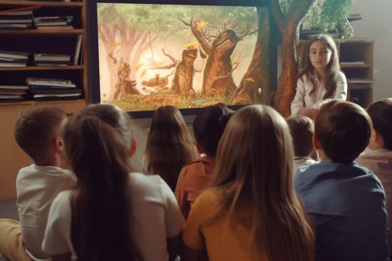 Estudiantes viendo una película. Recreos pasados por agua