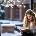 mujer joven leyendo libro invierno