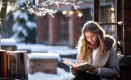 mujer joven leyendo libro invierno