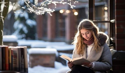 mujer joven leyendo libro invierno