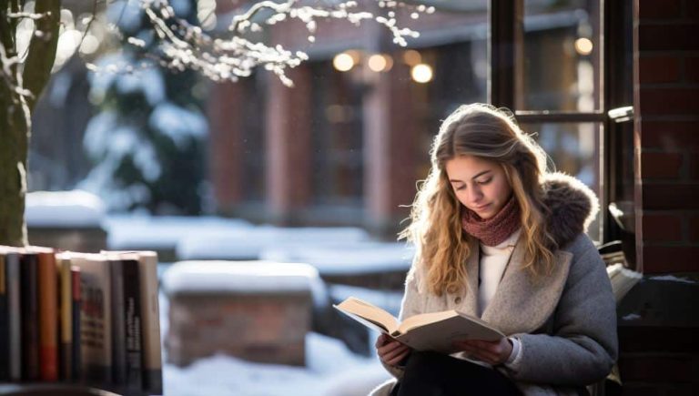 mujer joven leyendo libro invierno