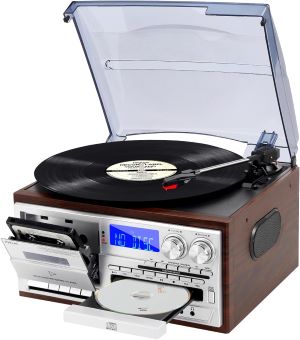  Reproductor de discos de vinilo con altavoz, tocadiscos  Bluetooth, reproductor de vinilo portátil vintage, compatible con entrada  auxiliar USB, auriculares de entrada RCA, salida de aguja ajustable,  presión de aguja ajustable