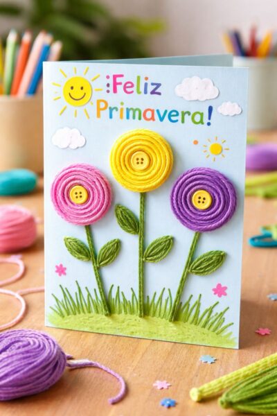 Tarjeta de primavera con flores de lana