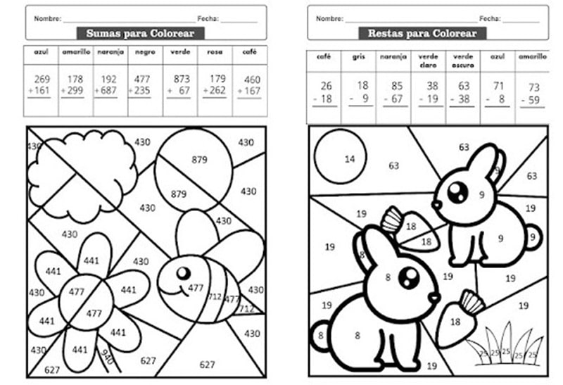 fichas de sumas y restas para colorear