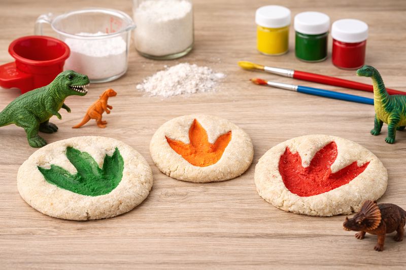 Huellas de dinosaurio con masa de sal
